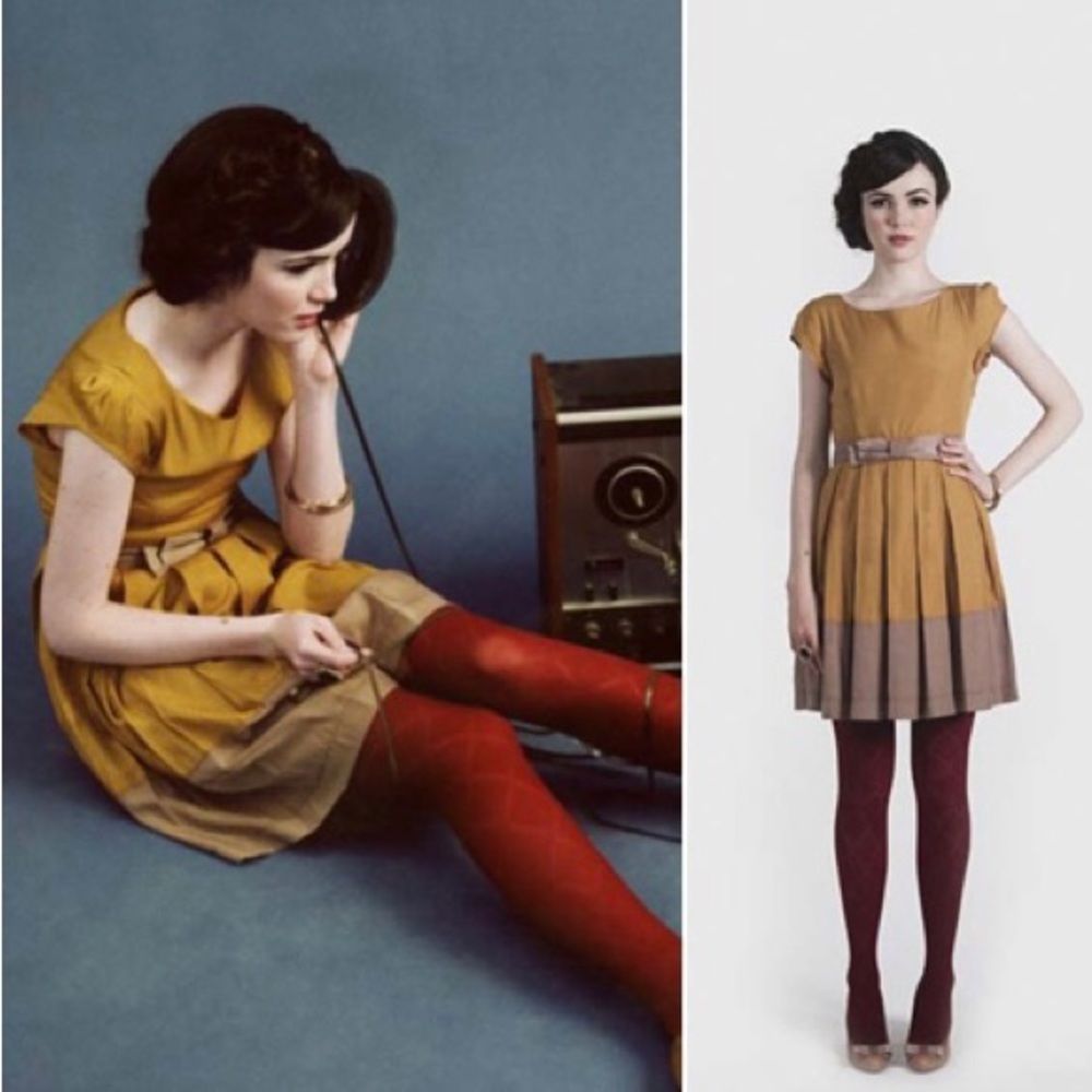 Dear Creatures Gillan Dress Mustard Yellow Taupe Bow Size Small